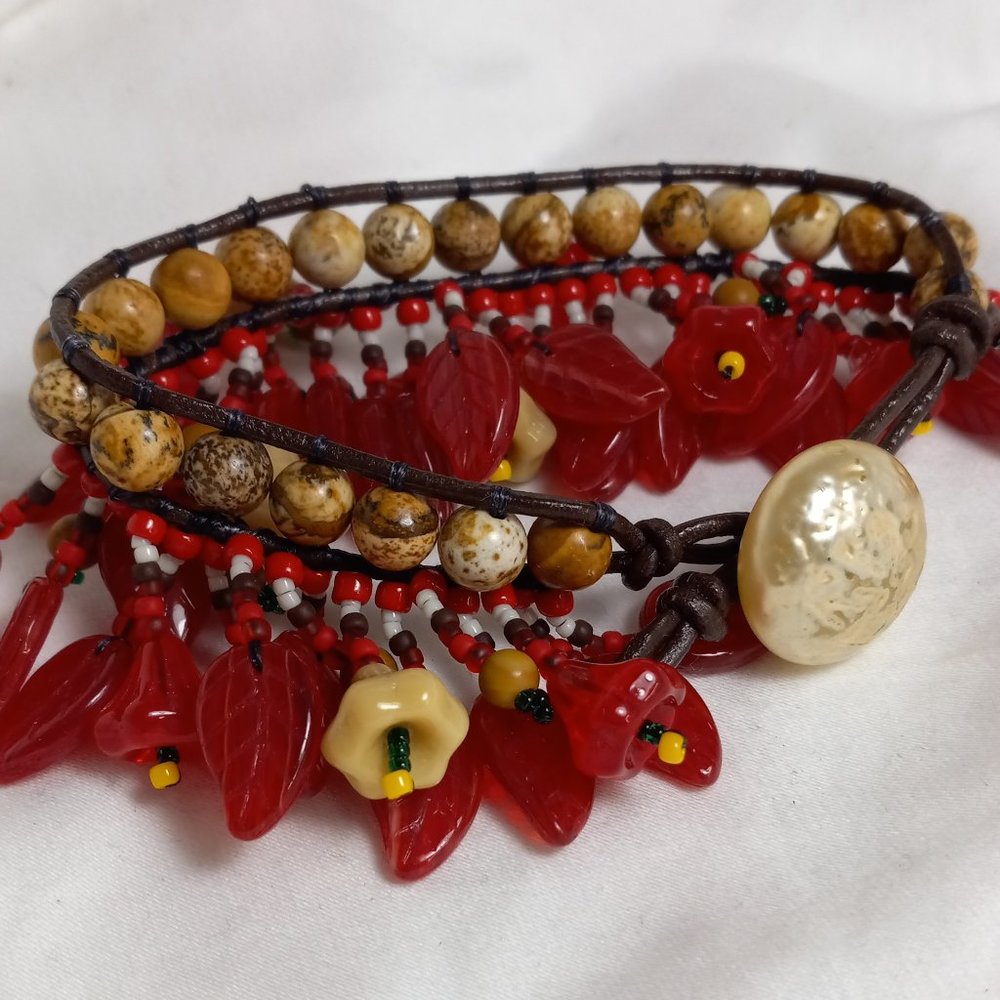Woven Bracelet w/Jasper, Fringe w/Red and Tan Flowers, Vintage Button